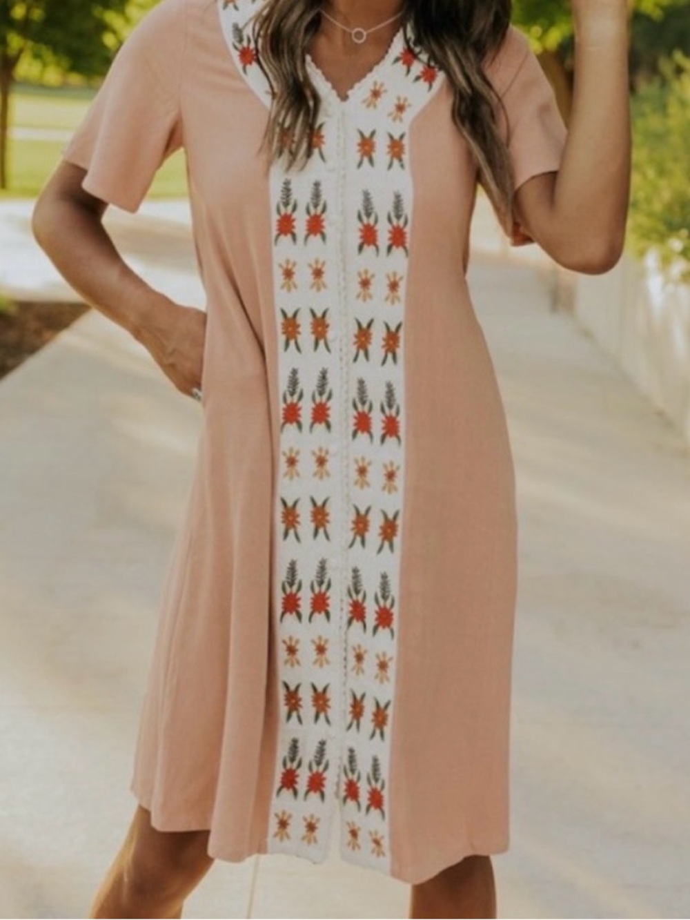Roolee Honey &Pine Embroidered Button Front‎ Midi Dress-Boho, Cotragecore
